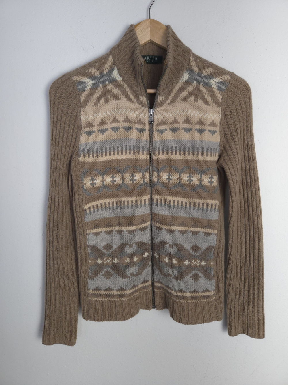 Lauren Ralph Lauren Petite S Fair Isle Lambswool Angora Cashmere Zip Cardigan